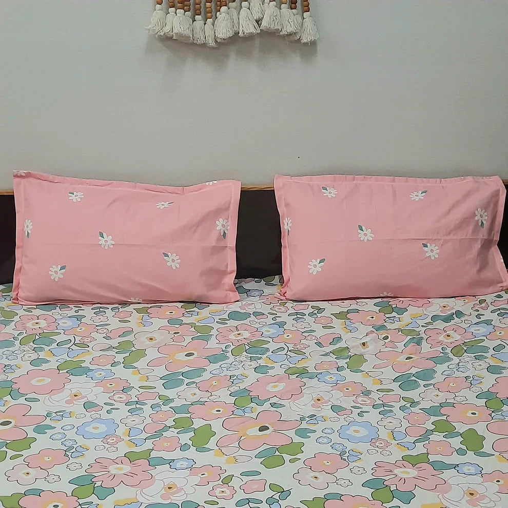 Premium glaze cotton Elastic Fitted King Size Bedsheet with 2 Pillow Covers