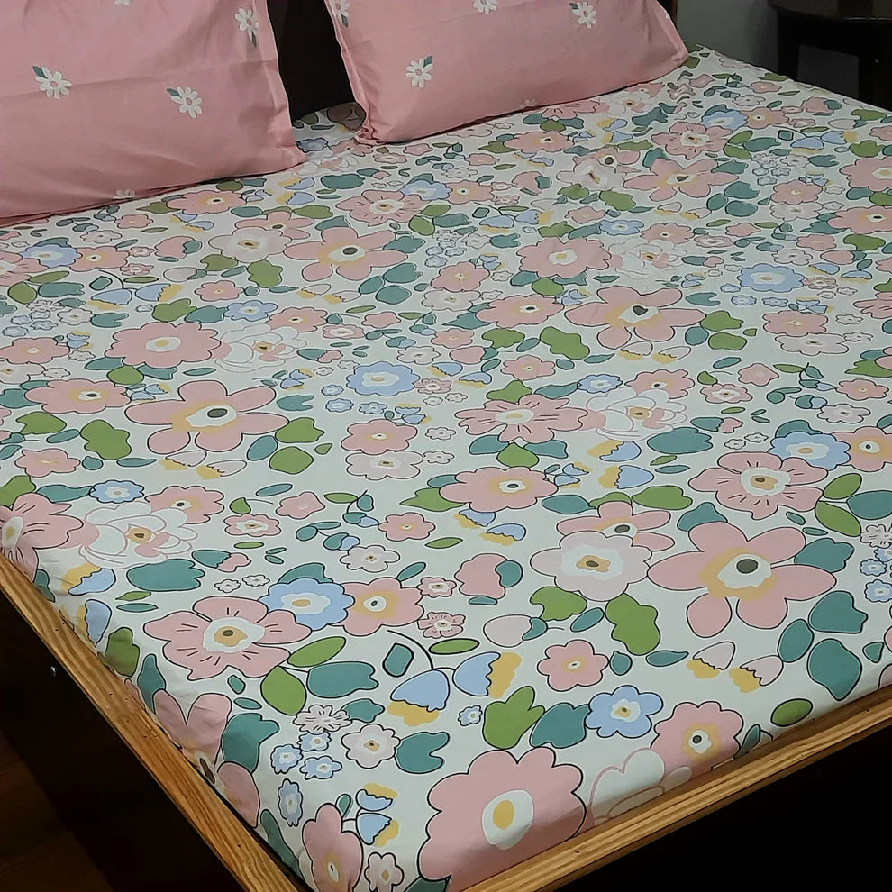 Premium glaze cotton Elastic Fitted King Size Bedsheet with 2 Pillow Covers