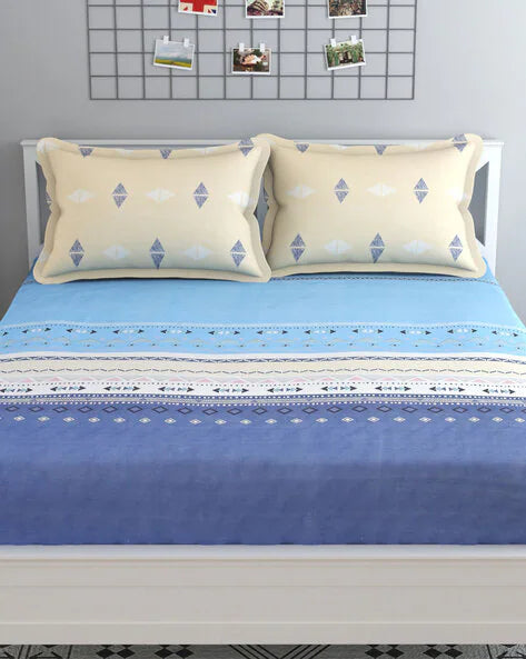 Blue Geometric Printed Fitted King Bedsheet with 2 Pillow Covers