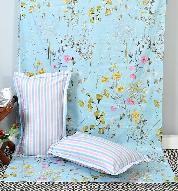 Blue & Pink King Size Bedsheets with 2 King Size Pillow Covers