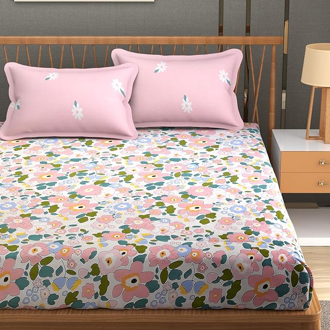 Glace Cotton King Size Bedsheet with 2 Pillow Covers - Floral, Pink