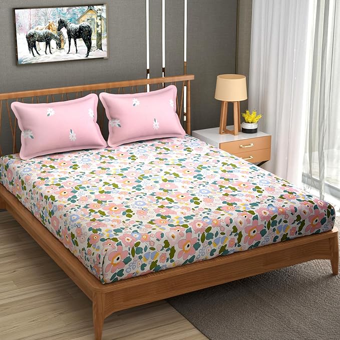 Glace Cotton King Size Bedsheet with 2 Pillow Covers - Floral, Pink
