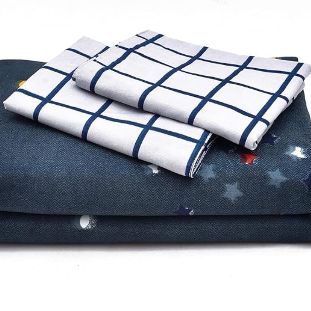Blue Star Print King Size Bed Sheet Set with 2 Pillow Covers