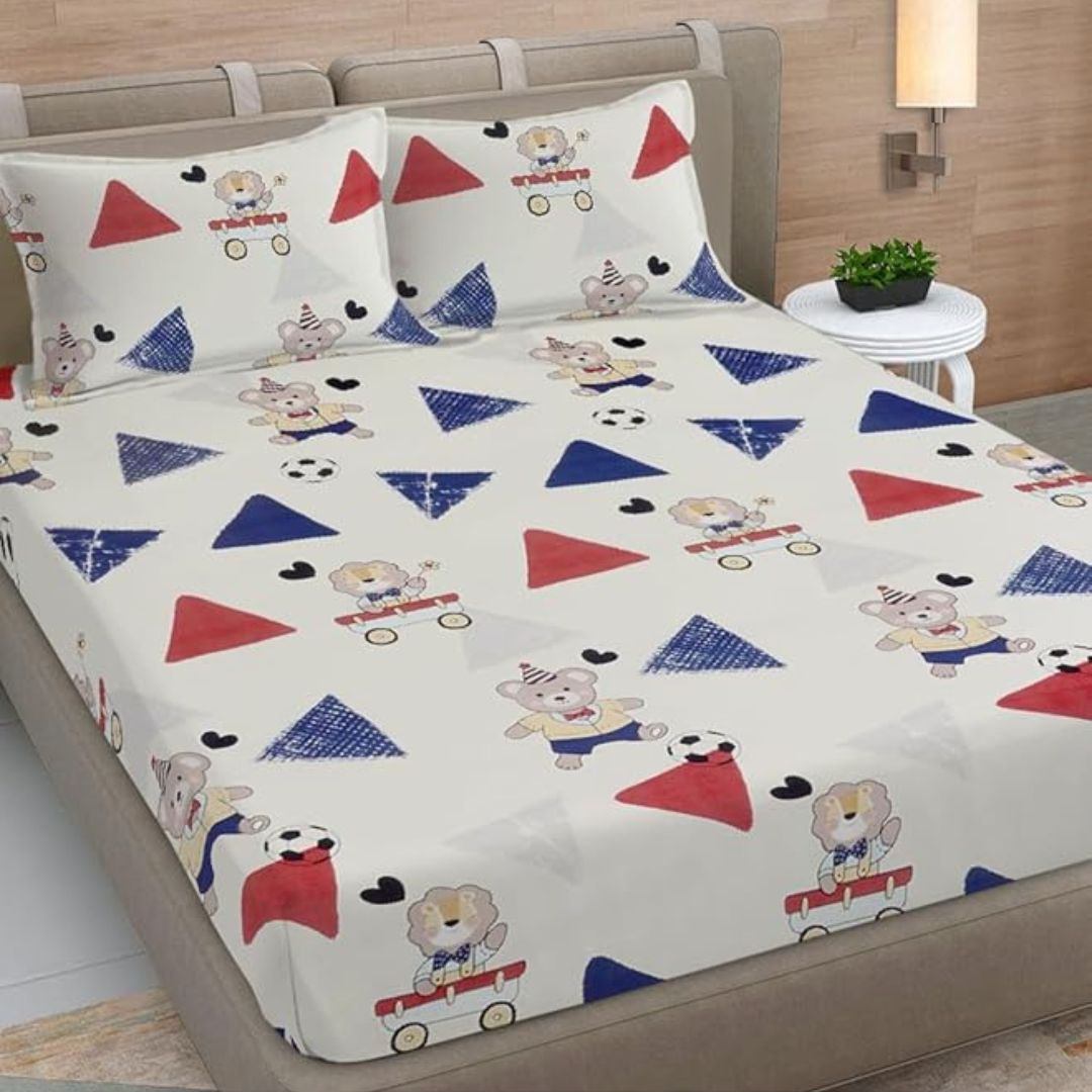 Multicolor Cartoon Print Cotton Blend King Size Bedsheet with 2 Pillow Covers
