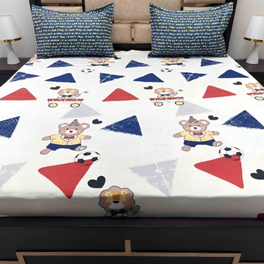 Multicolor Cartoon Print Cotton Blend King Size Bedsheet with 2 Pillow Covers