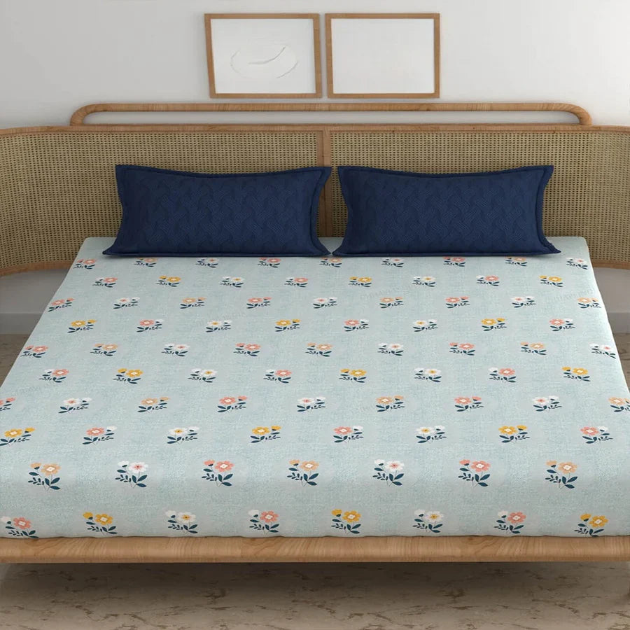 Blue Cotton Blend Elastic Fitted King Bedsheet with 2 pillow covers