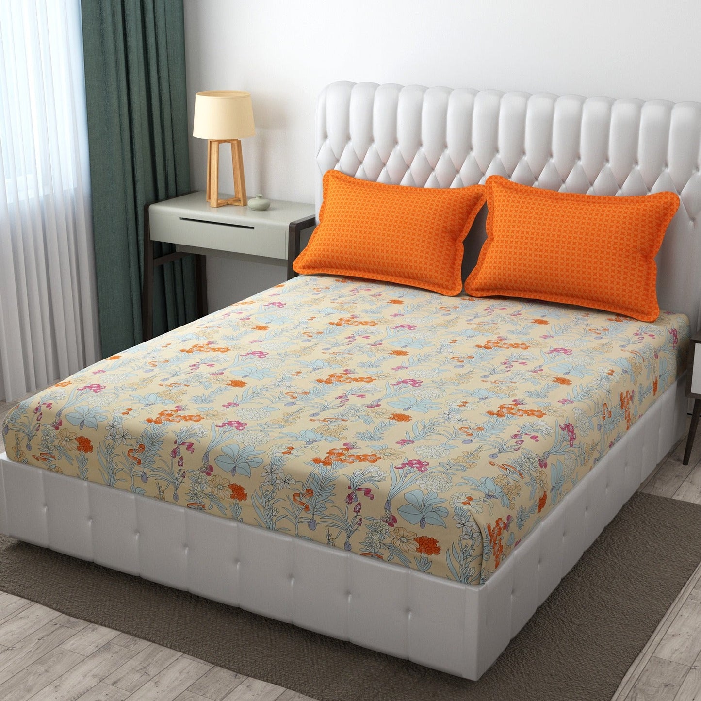 Sunset Yellow Floral Print King Size Bed Sheet Set with 2 Pillow Covers
