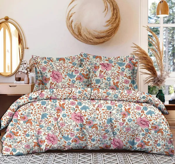 Pastel Pink Floral King 3D Printed Fitted (Elastic) Bedsheet with 2 pillow covers