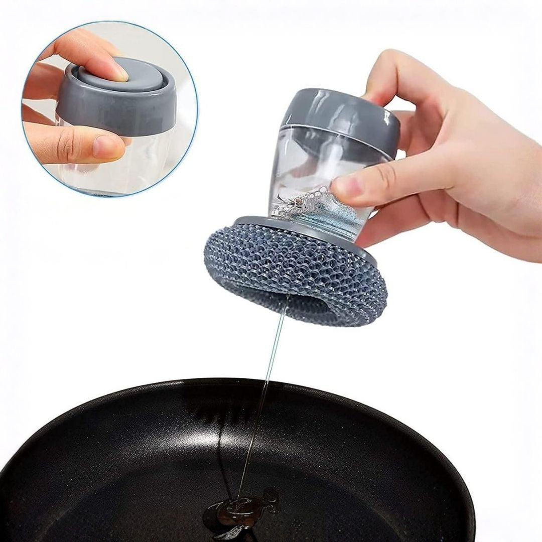 Close-up of soap releasing from the press-top palm scrubber