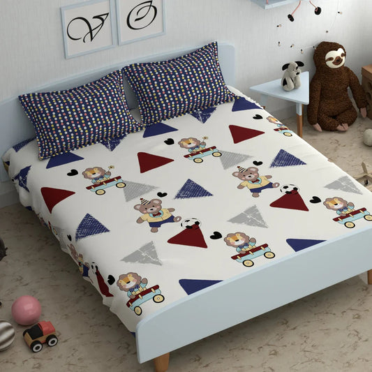 Multicolor Cartoon Print  Cotton Blend King Size Bedsheet with 2 Pillow Covers