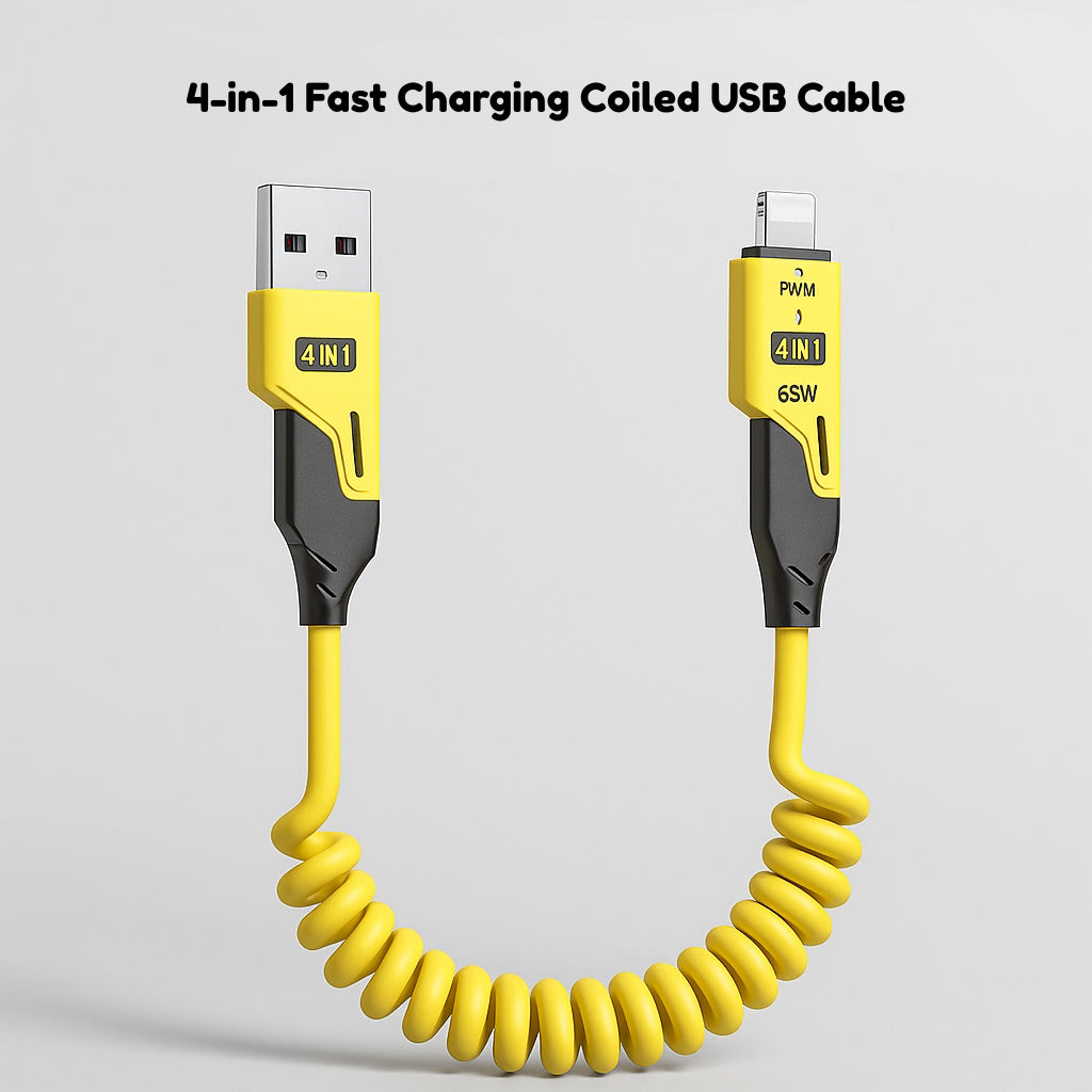 4-in-1 Fast Charging Coiled USB Cable | 65W Power | Universal Multi-Port Connector