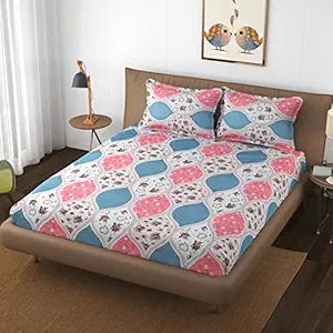 Premium Microfiber Designer Elastic fitted Double Bed Sheet with 2 Pillow Covers Pink Blue