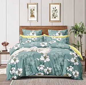 King Size Bedsheet with 2 Pillow Covers -Green Flower