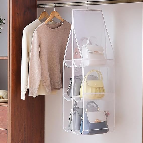 Hanging Handbag Organizer with 6 Dustproof Compartments – Foldable, Washable, White