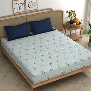 Blue Cotton Blend Elastic Fitted King Bedsheet with 2 pillow covers
