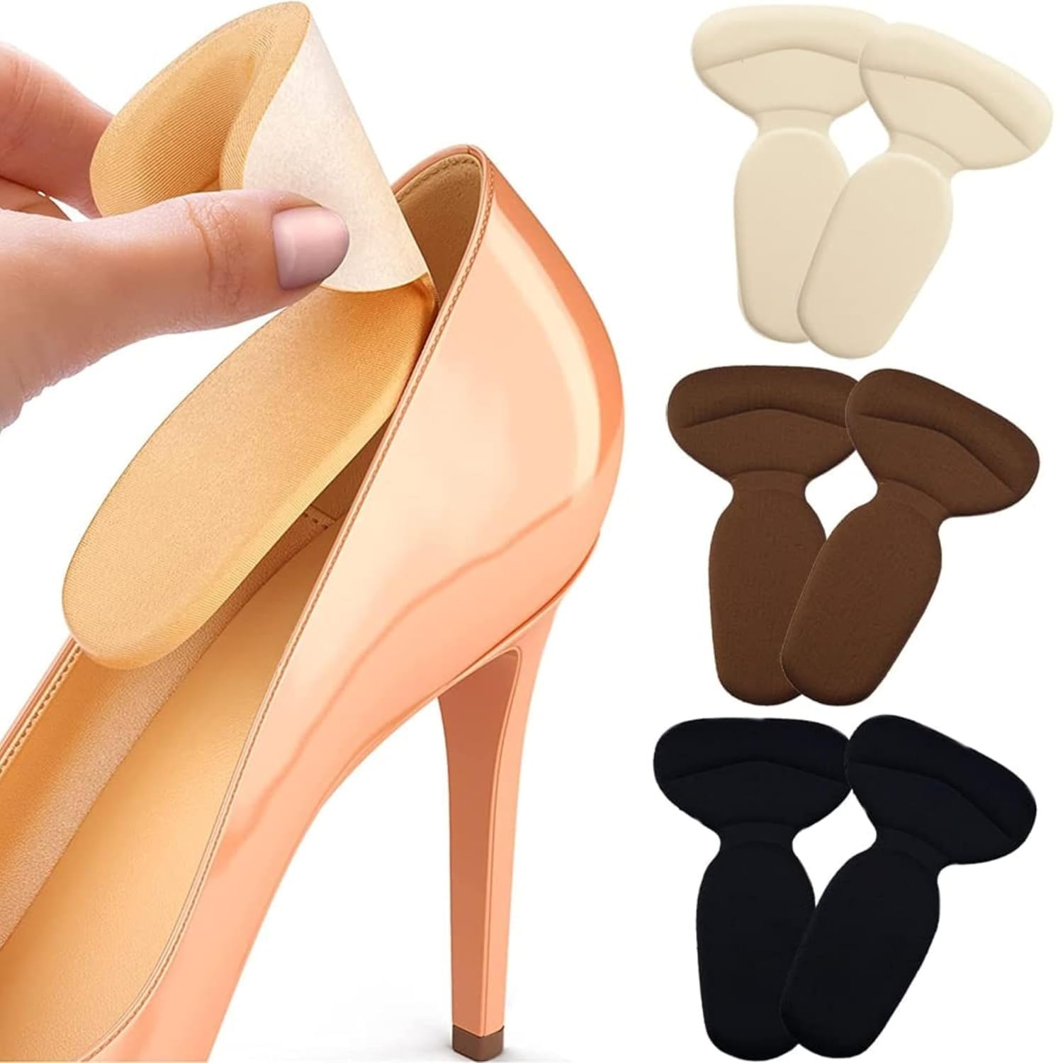 Soft reusable heel cushion inserts in different colours, shown with high heel footwear