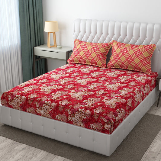 Red & Beige Floral King Size Double Bed Bedsheet with 2 Pillow Covers