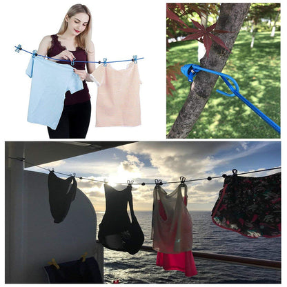 Portable Elastic Clothes Drying Rope with 12 Clips & Dual Hooks