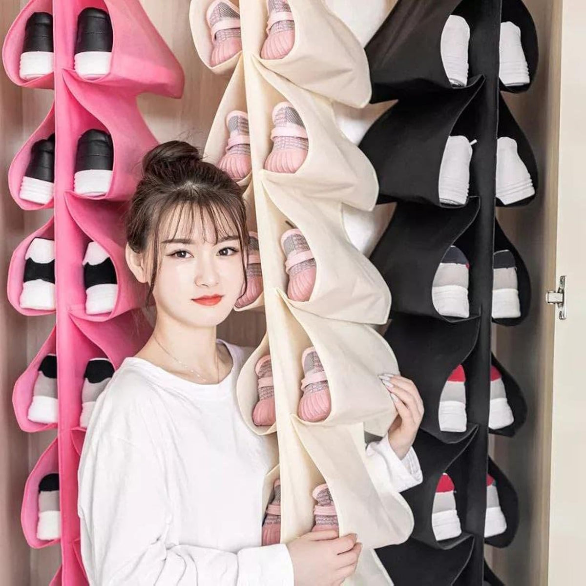 12 Pocket Hanging Shoe & Accessories Organizer – Foldable Non-Woven Fabric Closet Storage Rack for Wardrobe, Door & Hanger Rod (Multi-Color Options)