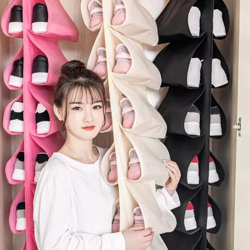 12 Pocket Hanging Shoe & Accessories Organizer – Foldable Non-Woven Fabric Closet Storage Rack for Wardrobe, Door & Hanger Rod (Multi-Color Options)