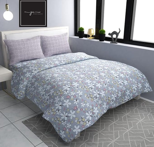 Grey Purple Flowers Cotton King Size Double Bedsheet with 2 Pillow Covers