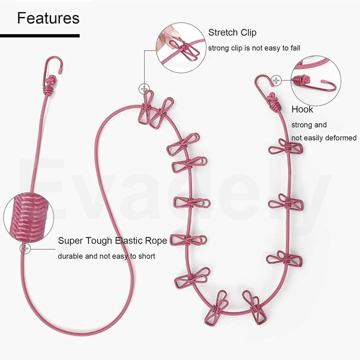 Portable Elastic Clothes Drying Rope with 12 Clips & Dual Hooks