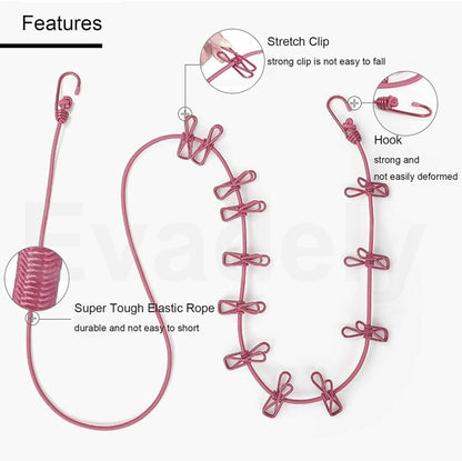 Portable Elastic Clothes Drying Rope with 12 Clips & Dual Hooks