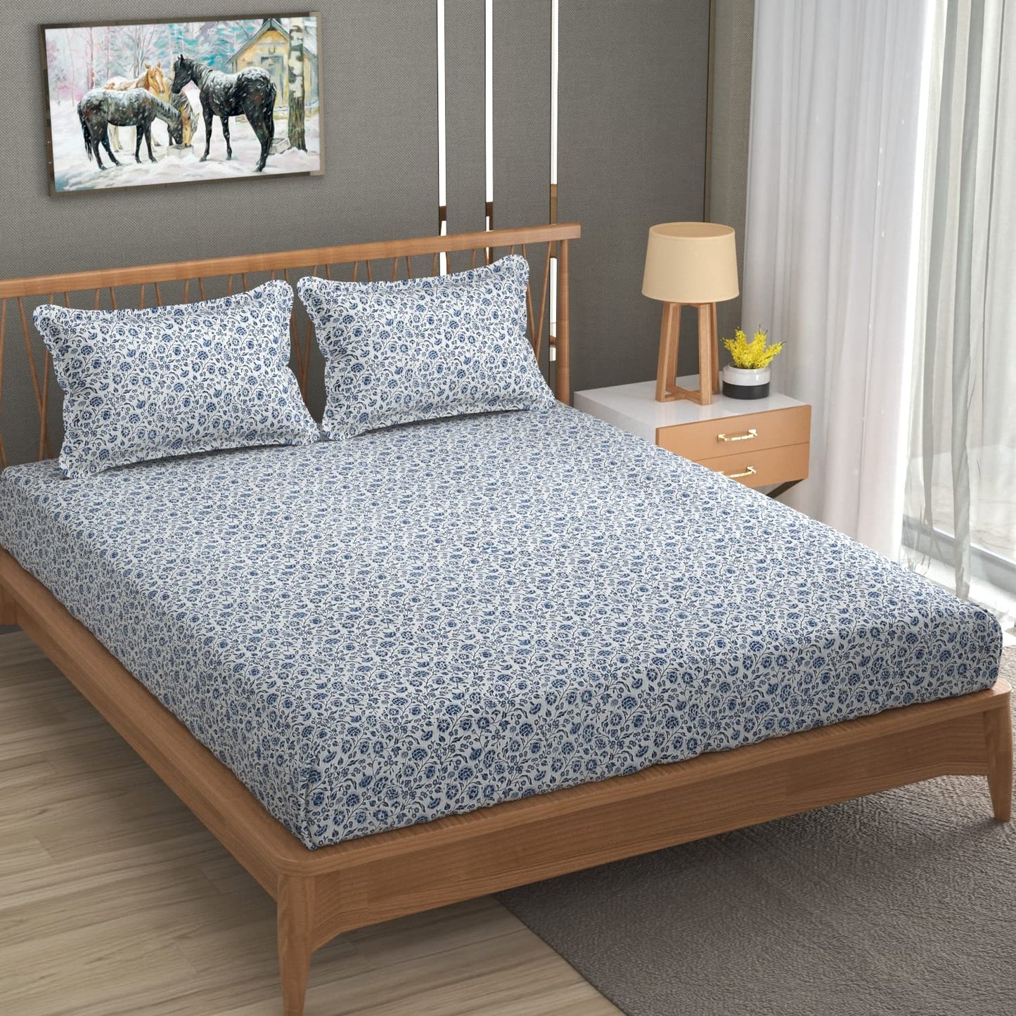 Queen Size Elastic Fitted Double Bed Bedsheet 144 TC