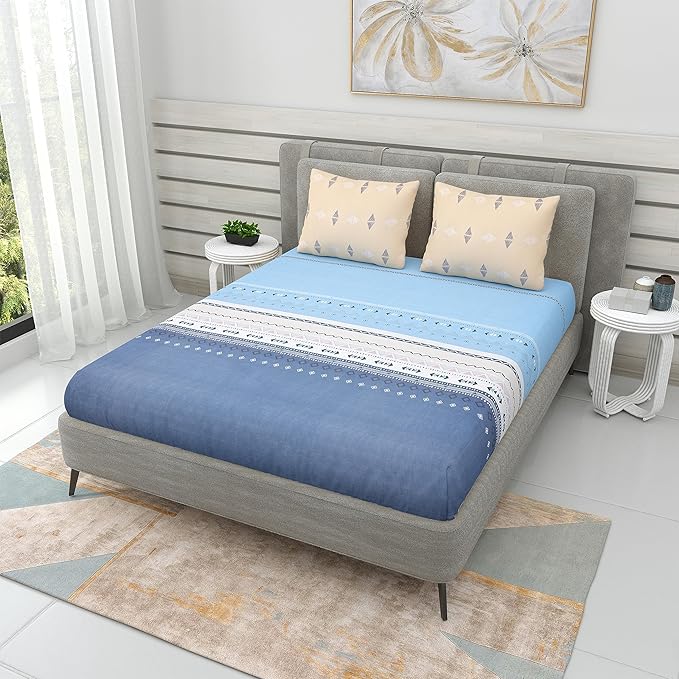 Blue Geometric Printed Fitted King Bedsheet with 2 Pillow Covers