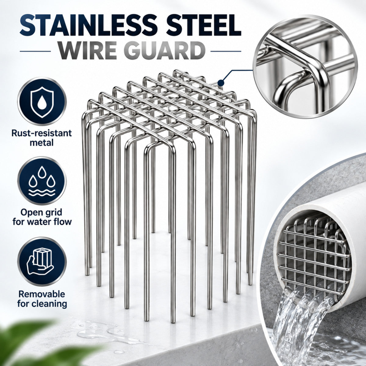 Stainless steel drain wire guard showing open grid and water passage