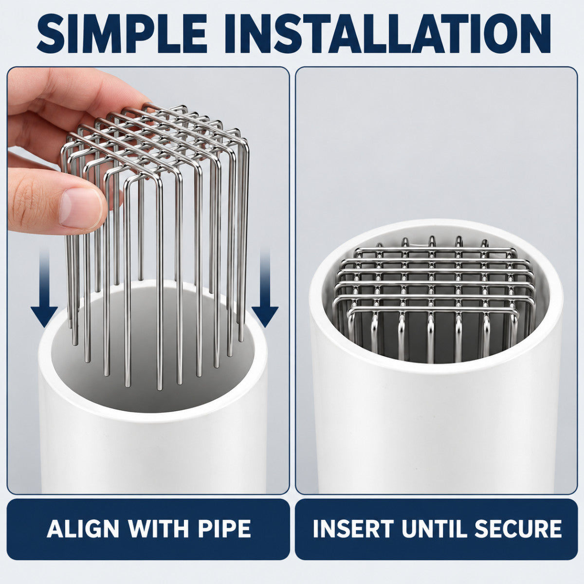 Step-by-step installation of stainless steel anti-rat mesh into drain pipe