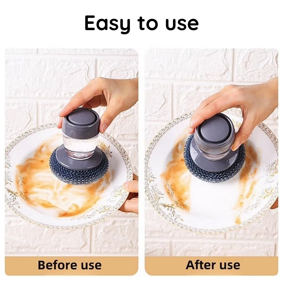 Before and after demonstration of washing a plate using the soap dispensing scrubber