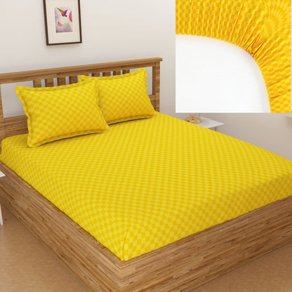 Yellow Elastic Fitted Glace Cotton Plain Stripe Double Bedsheet with 2 Pillow Cover