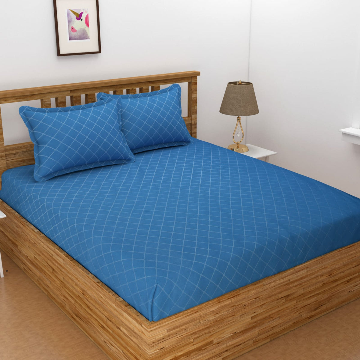Light Blue Elastic Fitted Glace Cotton Plain Stripe Double Bedsheet with 2 Pillow Cover