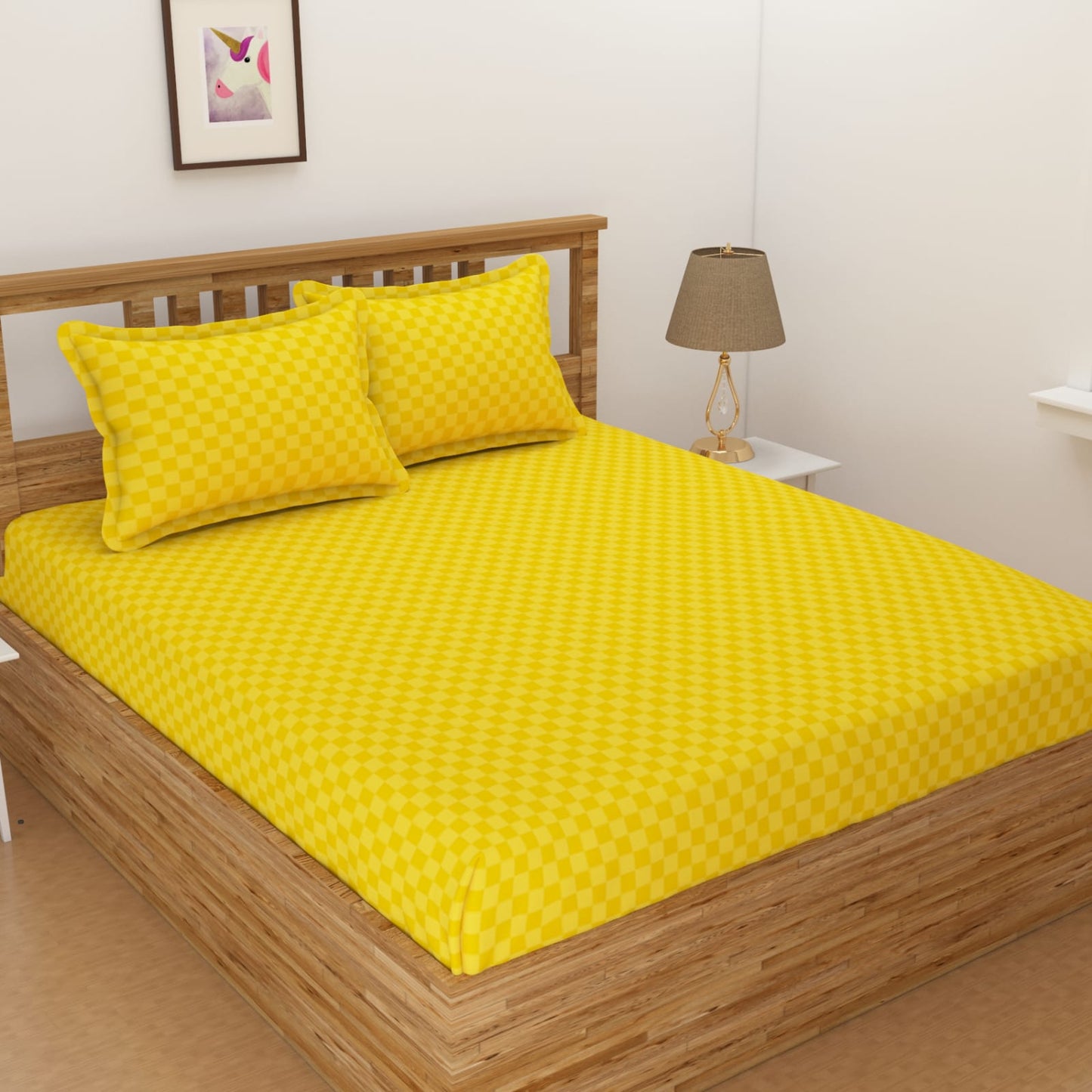 Yellow Elastic Fitted Glace Cotton Plain Stripe Double Bedsheet with 2 Pillow Cover