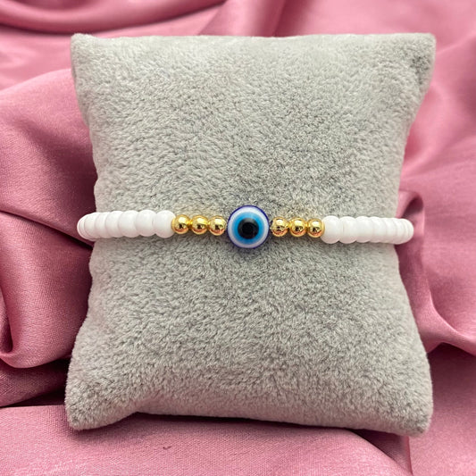 Adjustable White Big Joco Beads Bracelet With Evil Eye Charm