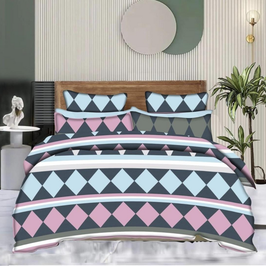 Geometric Printed Cotton Double Elastic Fitted Bedsheet with 2 pillow covers