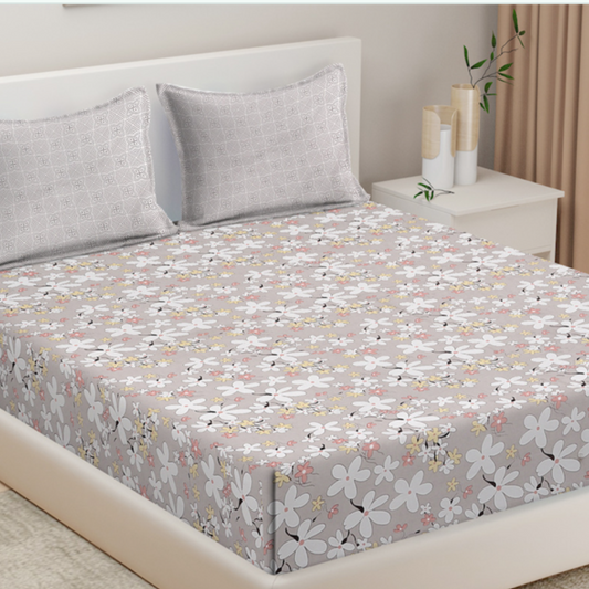 Grey Floral Cotton Printed Flat Bedsheet Double Bed With 2 Pillow Covers