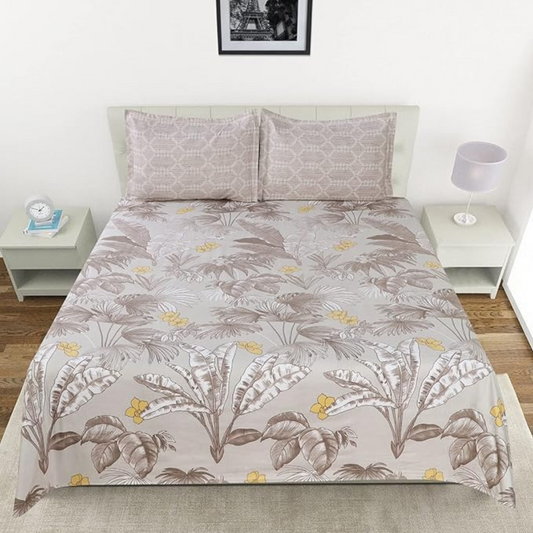 Taupe Grey Leaves  King Size Bedsheets with 2 Large Pillow Covers