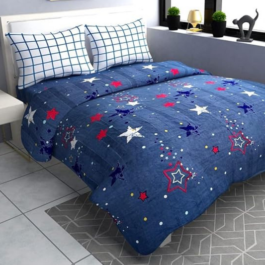 Blue Star Print King Size Bed Sheet Set with 2 Pillow Covers