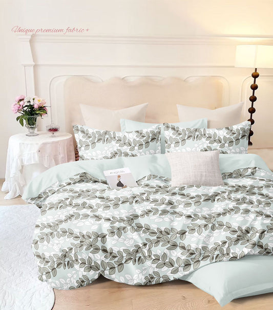 King Size Elastic Fitted White Leaf Print Double Bed Premium Bedsheet