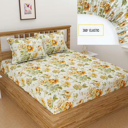 Floral Microfiber Bedsheet for a Double BedSet Includes 2 Pillow Covers (Elastic Fitted )