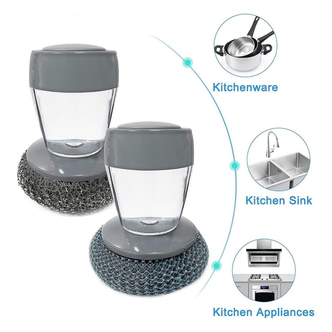 Two soap dispensing palm scrubbers with illustrated kitchen cleaning applications