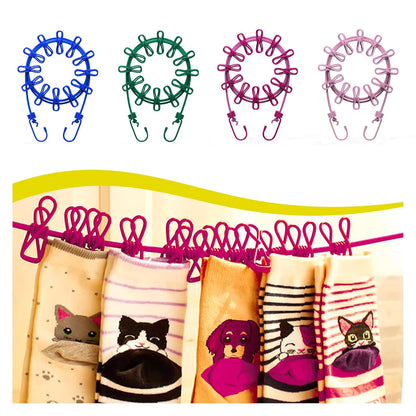 Portable Elastic Clothes Drying Rope with 12 Clips & Dual Hooks