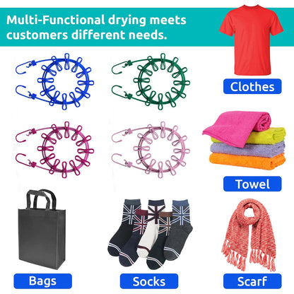 Portable Elastic Clothes Drying Rope with 12 Clips & Dual Hooks