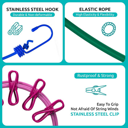 Portable Elastic Clothes Drying Rope with 12 Clips & Dual Hooks