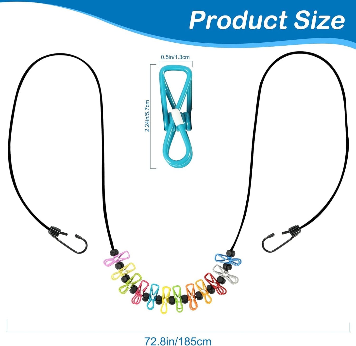 Portable Elastic Clothes Drying Rope with 12 Clips & Dual Hooks