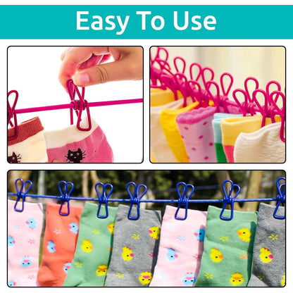 Portable Elastic Clothes Drying Rope with 12 Clips & Dual Hooks