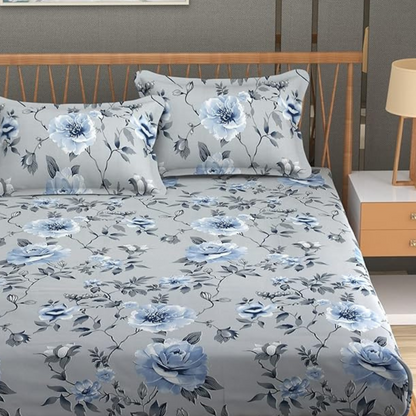 3D Floral Printed Elastic Fitted Bedsheet for Double Bedsheet with 2 Pillows Covers  (Gray)